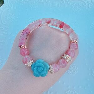 GB73 New Handmade Sakura Rain Rhodonite Jade Half bangle Stretchable Bracelet 7”